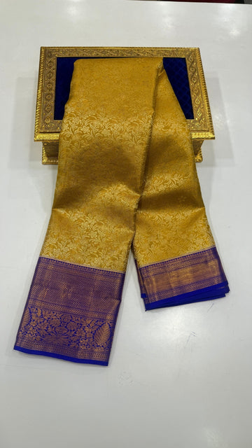 Mustard Yellow with Royal Blue Pure Kanchipuram silk saree