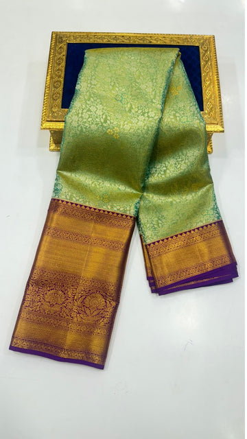 Tan Green with Purple Pure Kanchipuram silk saree