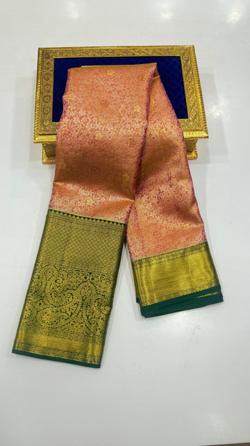 Pinkish Orange with Green border Pure Kanchipuram silk saree
