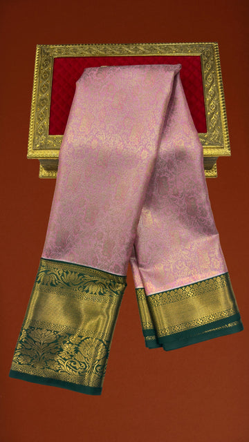 Baby Pink Bottle Green KanchipuramSilk Saree