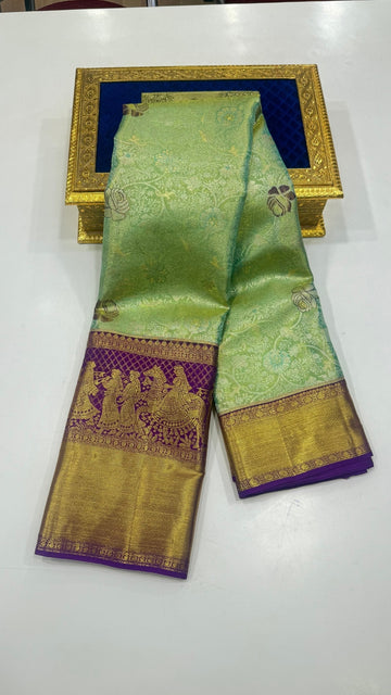 Bluish Green with Purple Border Pure Kanchipuram Silk Saree with Pallaki Design π