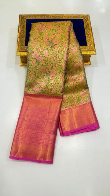3D Brocade with Baby pink Border Pure Kanchipuram Silk Saree