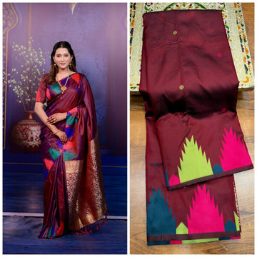 Maroon Temple border soft silk saree