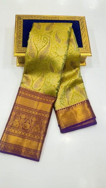 3D Mango leaf Design Olive green Pure Kanchipuram Saree