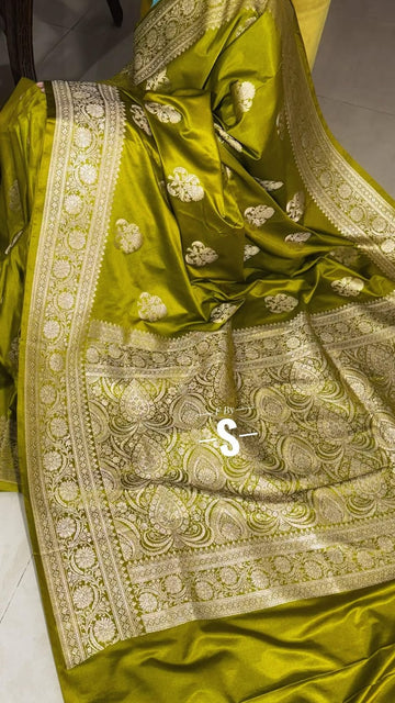 Olive green Banarasi mashru silk saree