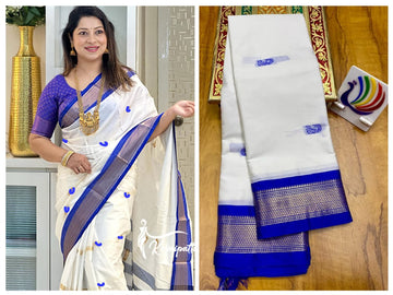 White with Blue border saree