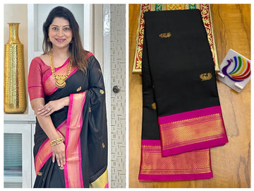 Black with Pink border saree