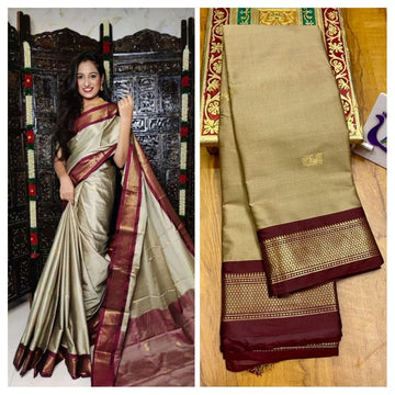 Beige with Brown border saree