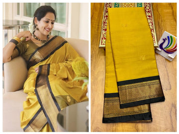Burnt yellow / mustard with dark brown border saree