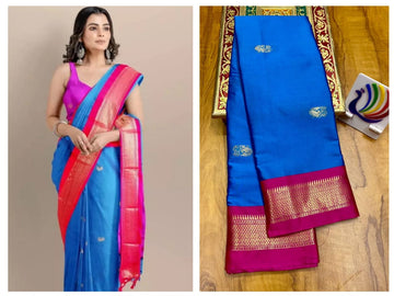 Ink blue with Pink border saree