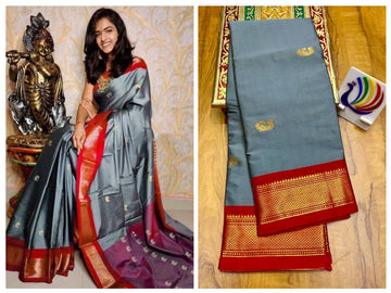 Grey with ink red border saree