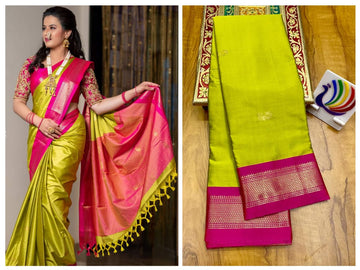 Green with Pink border saree