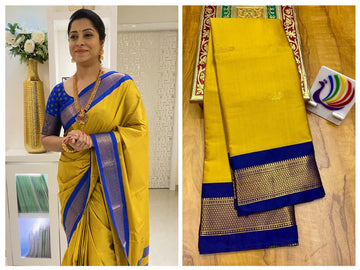 Yellow with blue border saree