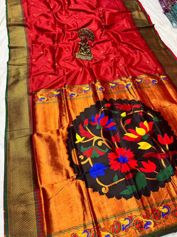 Maroon red color with fancy Lotus pallu paithani saree
