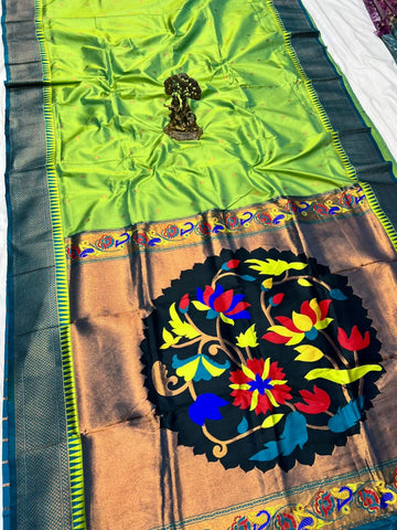 Parrot green color with fancy Lotus pallu paithani saree