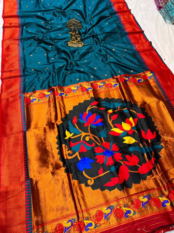 Sherpa Blue color with fancy Lotus pallu paithani saree