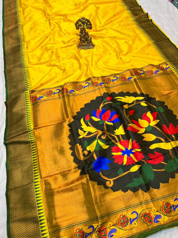 Yellow color with fancy Lotus pallu paithani saree