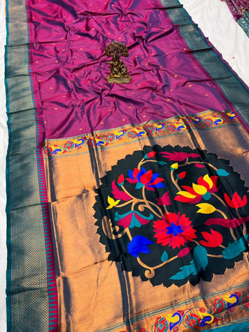 Purple color with fancy Lotus pallu paithani saree