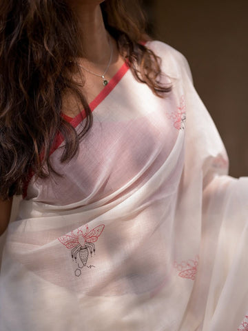 White and red soft linen saree