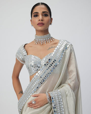 Silver Soft Satin Organza Saree with Real Mirror Work
