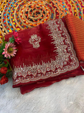 Red Jimmy Choo Crystal Silk Saree