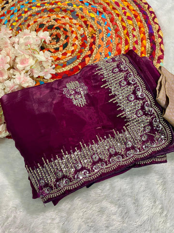 Magenta Crystal Silk Embroidered Saree