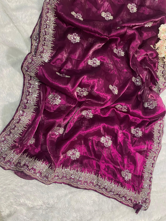 Magenta Crystal Silk Embroidered Saree