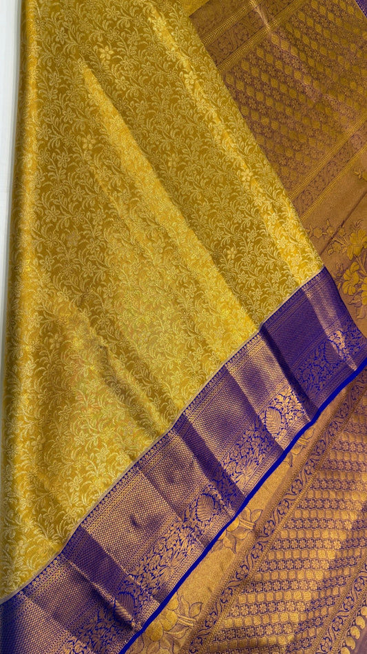 Mustard Yellow with Royal Blue  Pure Kanchipuram silk saree