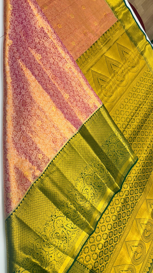 Pinkish Orange  with Green border Pure Kanchipuram silk saree