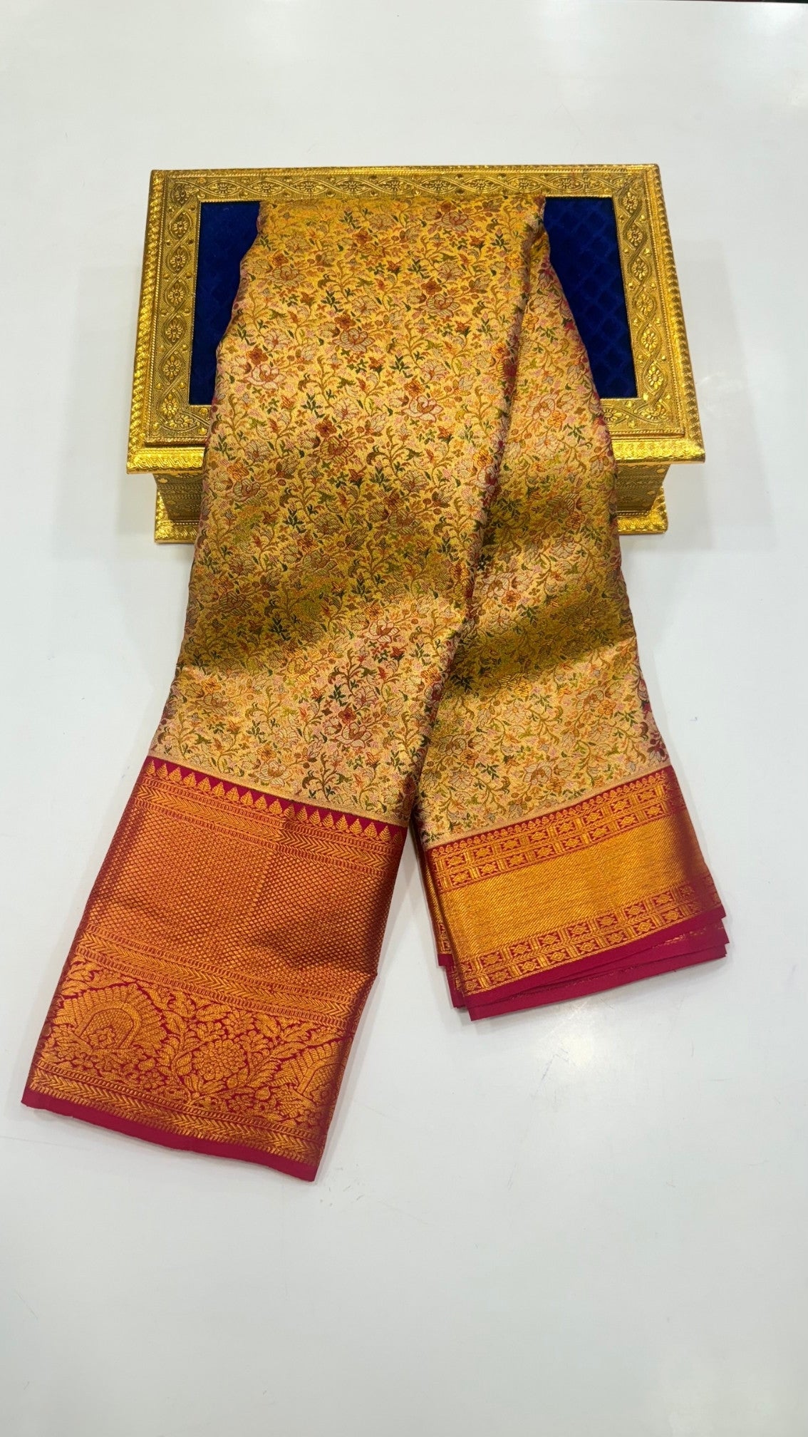 Vintage Antique Gold Designer Pure Kanchipuram Saree with Meena Design