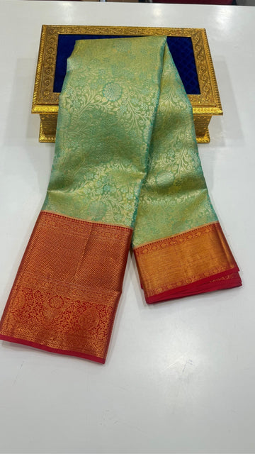 Teal Green  with Red Border Pure Kanchipuram silk saree