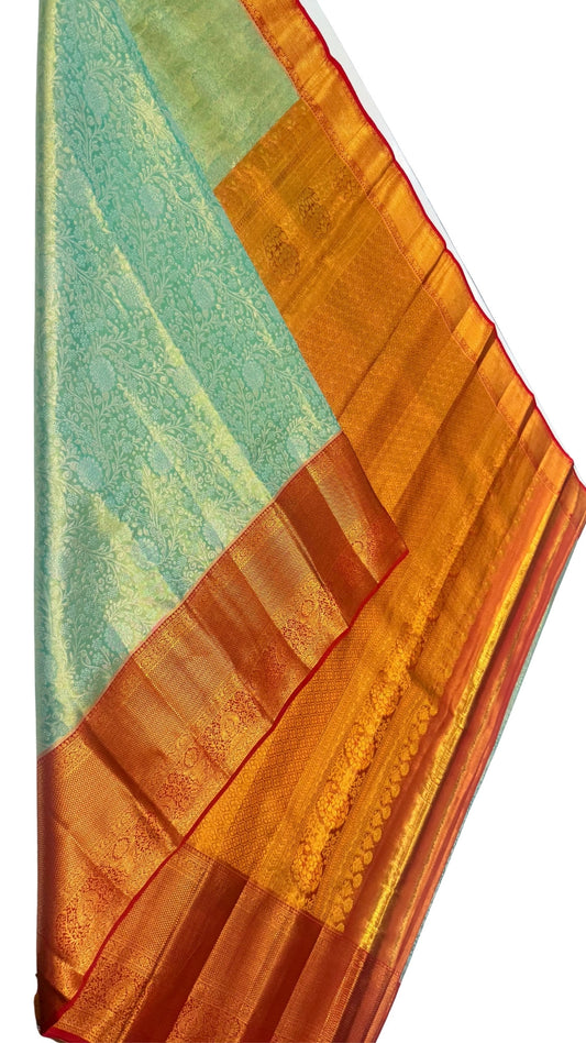 Teal Green  with Red Border Pure Kanchipuram silk saree