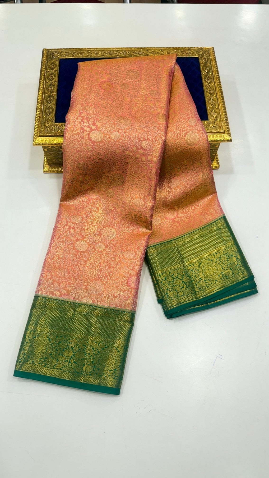 Persian Orane  with Green Border Pure Kanchipuram silk saree