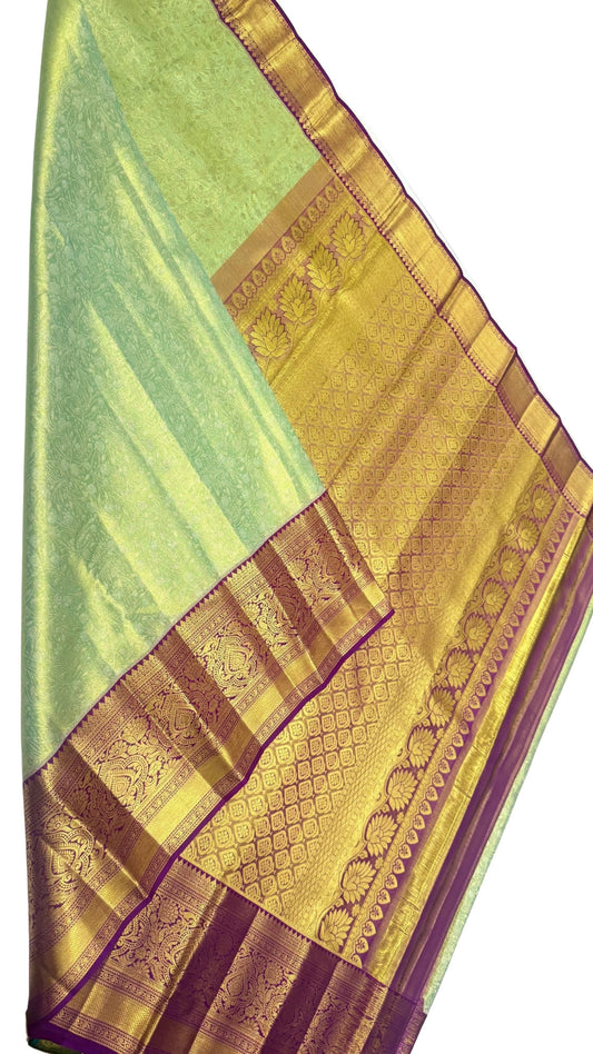 Pastel green  with Purple Border Pure Kanchipuram silk saree