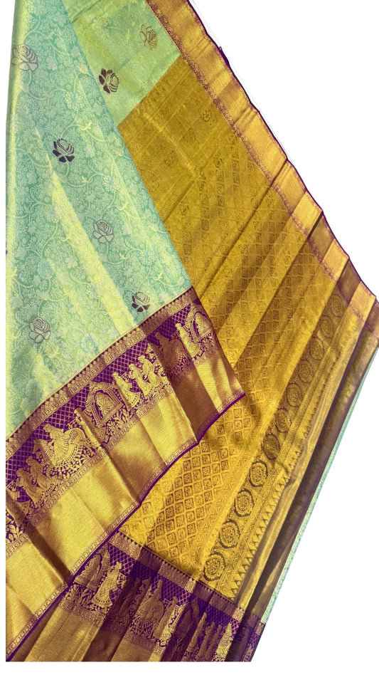 Bluish Green with Purple Border Pure Kanchipuram Silk Saree with Pallaki Design 💙