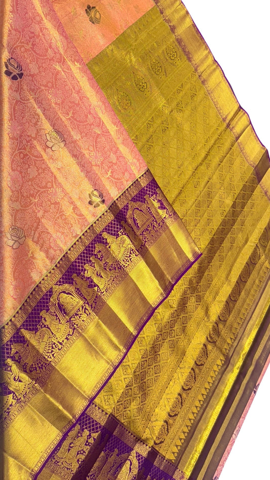 Pinkish Orange  with Purple Border Pure Kanchipuram Silk Saree with Pallaki Design 💙