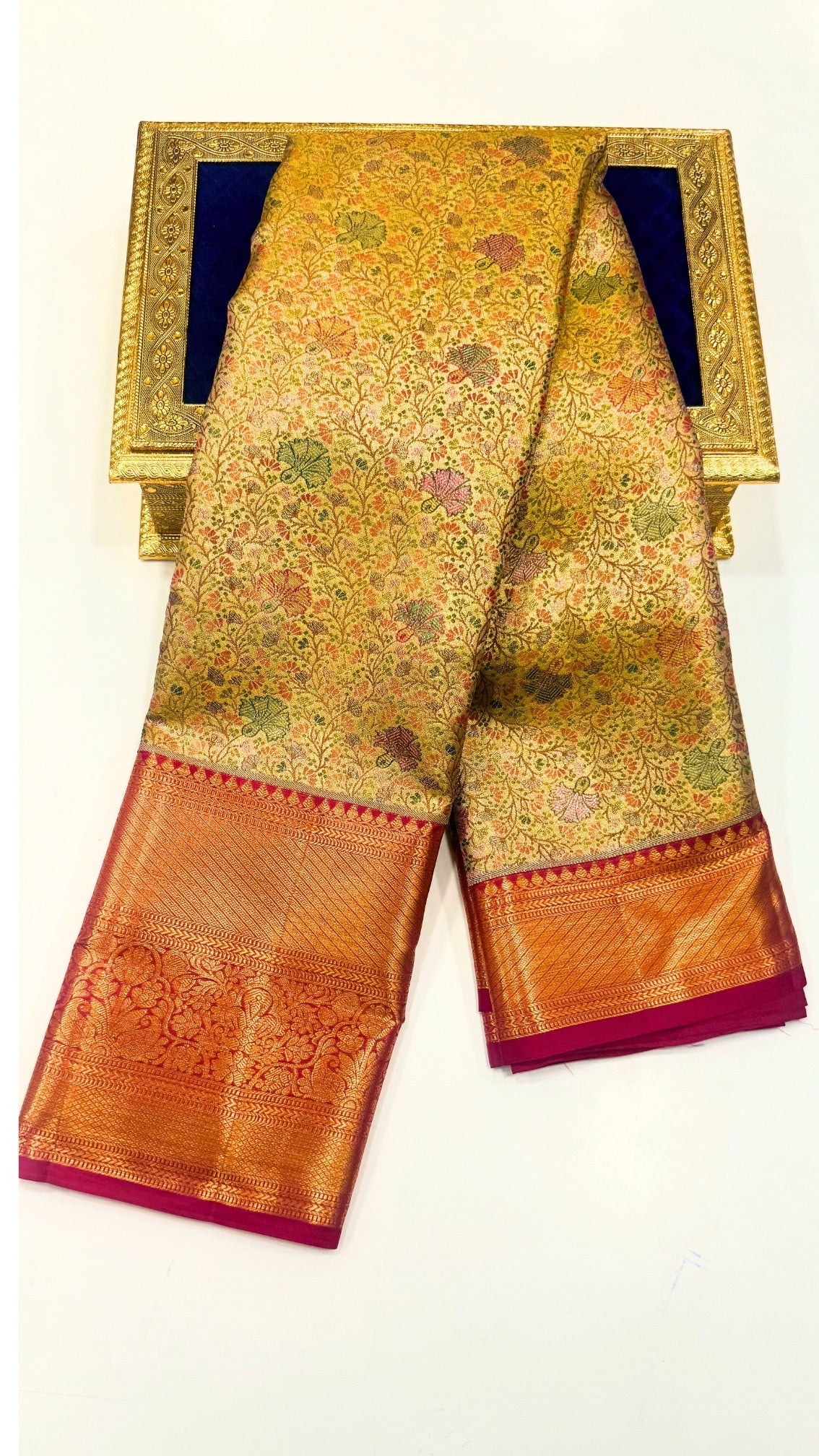 3D Vintage Antique Gold Designer Pure Kanchipuram Saree with Meena Design