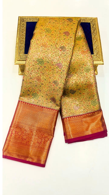 3D Vintage Antique Gold Designer Pure Kanchipuram Saree with Meena Design