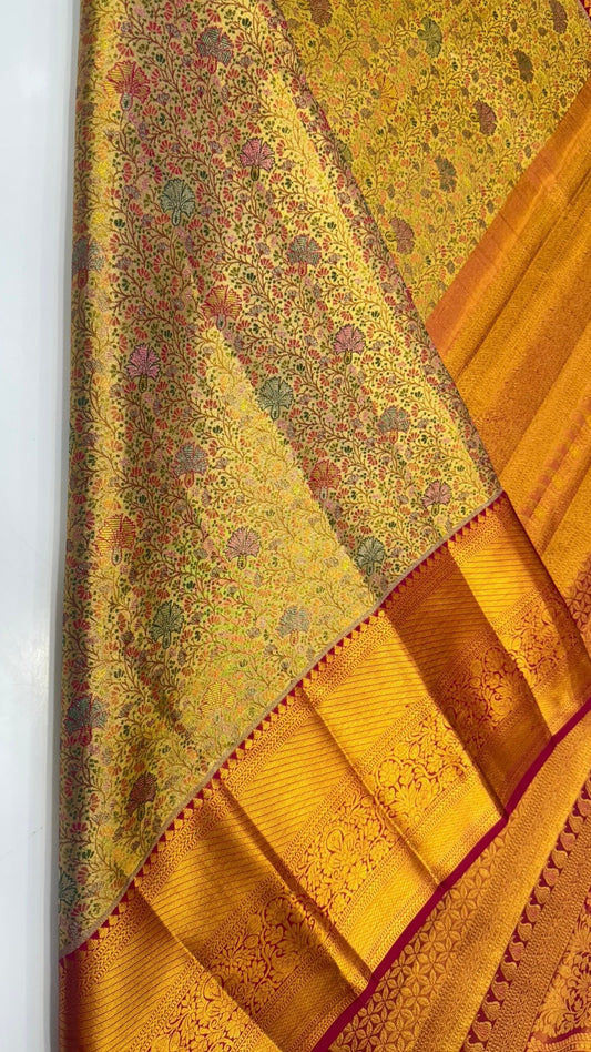 3D Vintage Antique Gold Designer Pure Kanchipuram Saree with Meena Design
