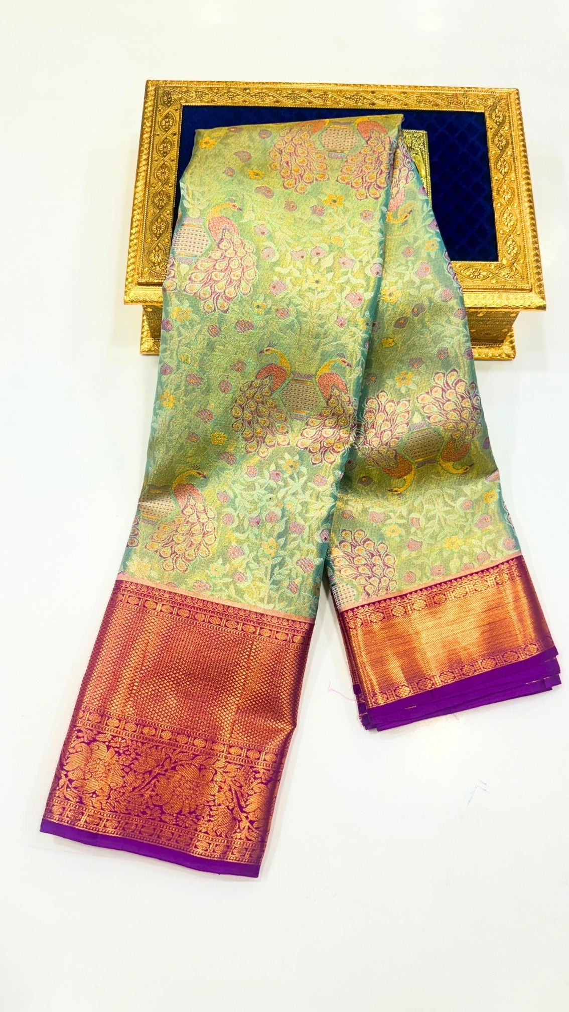 3D Peacock Design Teal green Pure Kanchipuram Saree with Meena Design