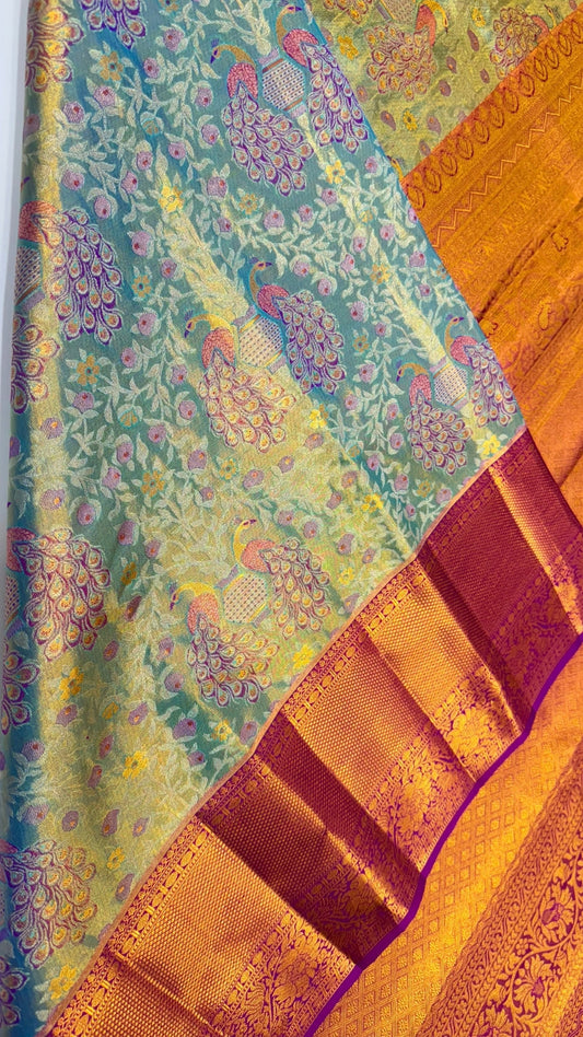 3D Peacock Design Teal green Pure Kanchipuram Saree with Meena Design