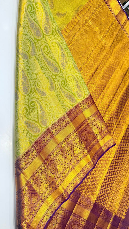 3D Mango leaf Design Olive green Pure Kanchipuram Saree