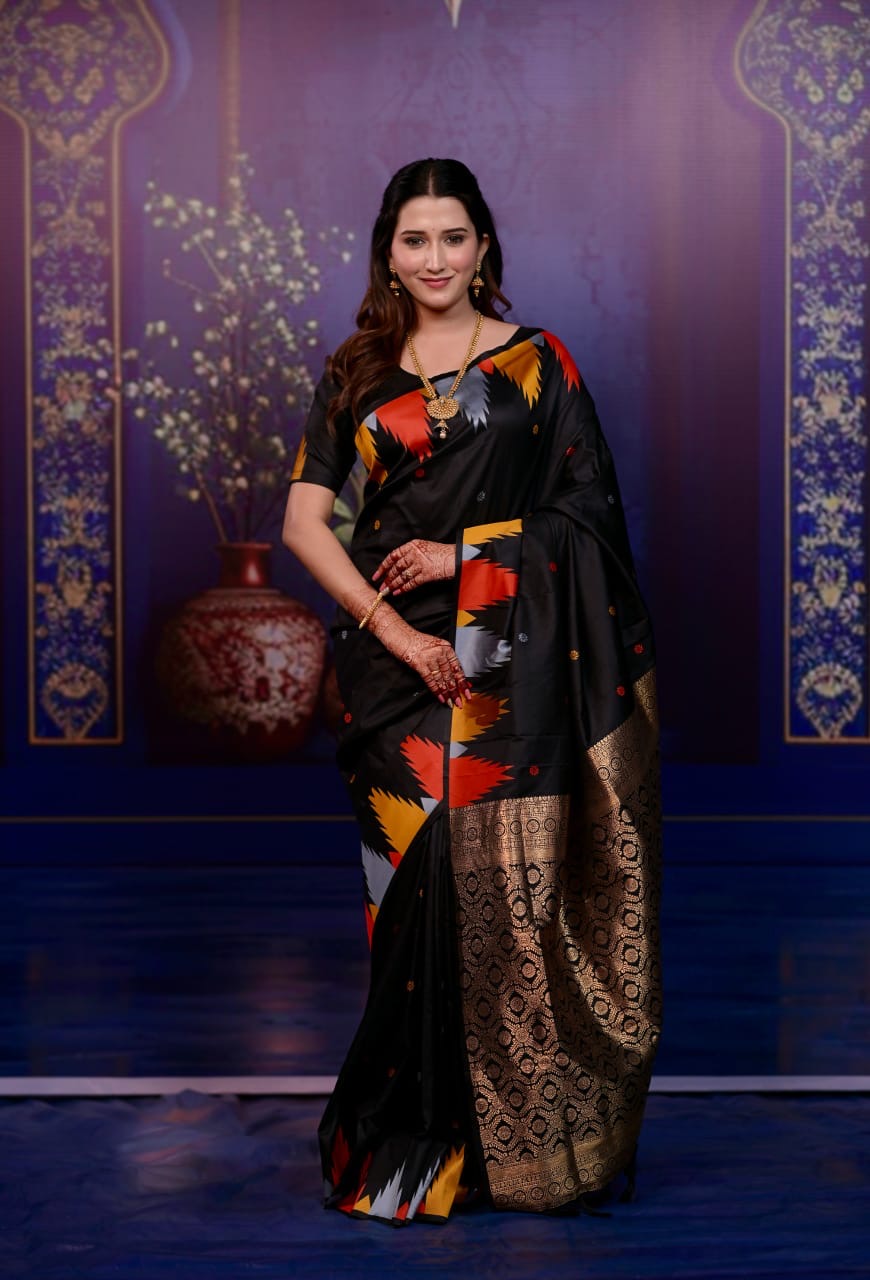 Black Temple border soft silk saree