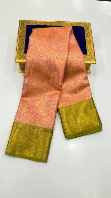 Dusky Rose with Olive Green Pure Kanchipuram silk saree
