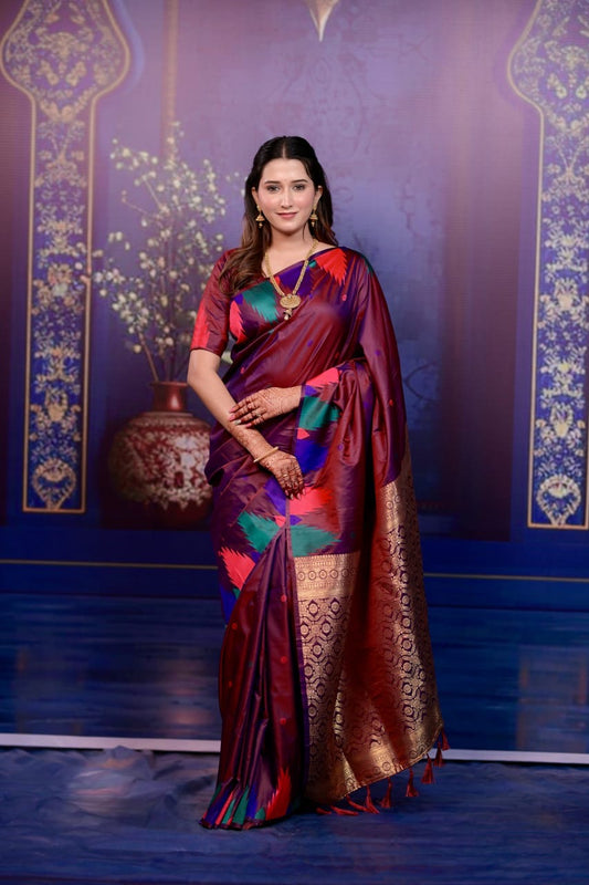 Maroon Temple border soft silk saree