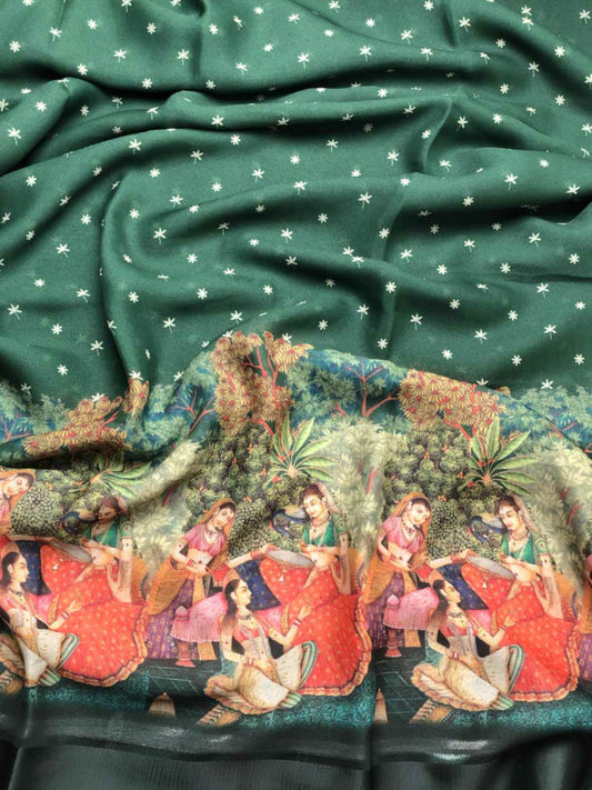 Exquisite Green Dola Silk Saree with Kalamkari Design
