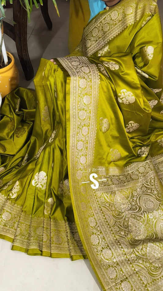 Olive green Banarasi mashru silk saree