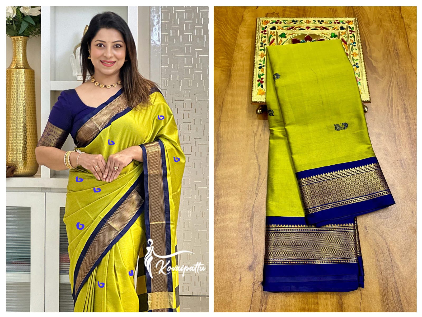 Olive green with blue color saree