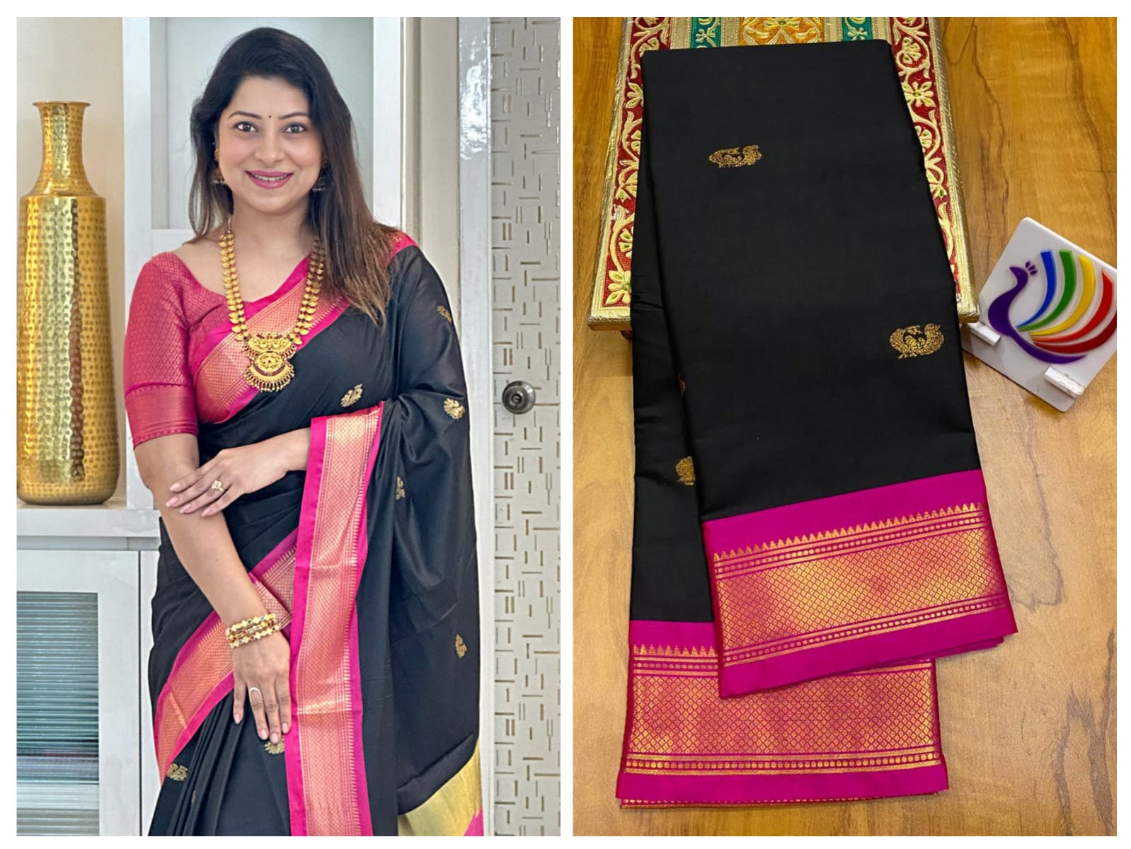 Black  with Pink border saree