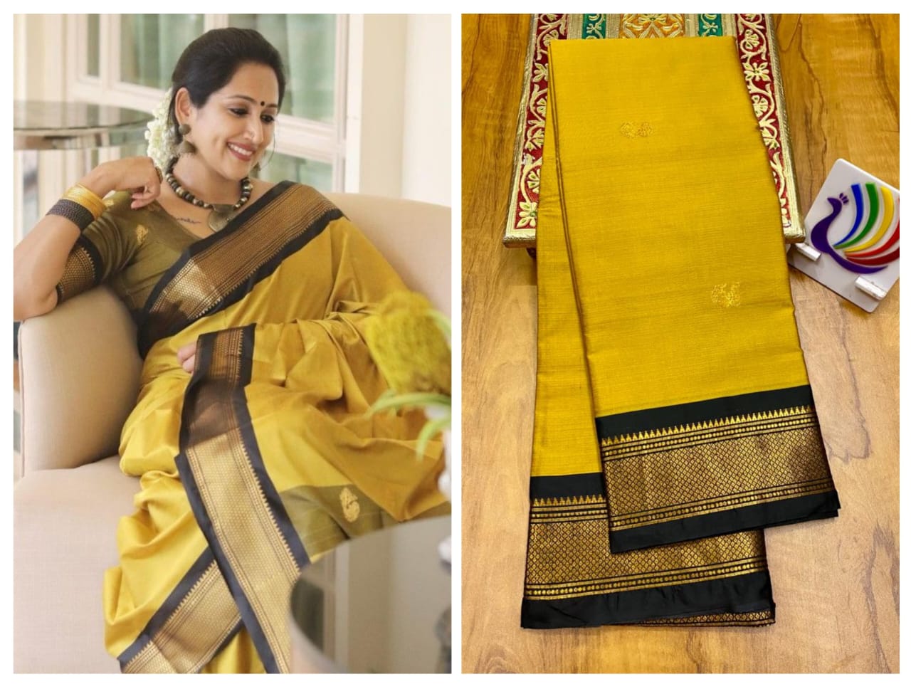 Burnt yellow / mustard with dark brown border saree